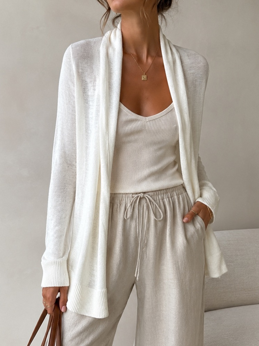 Three Dots 100% Linen Open Front Cardigan Ivory Size L NWT